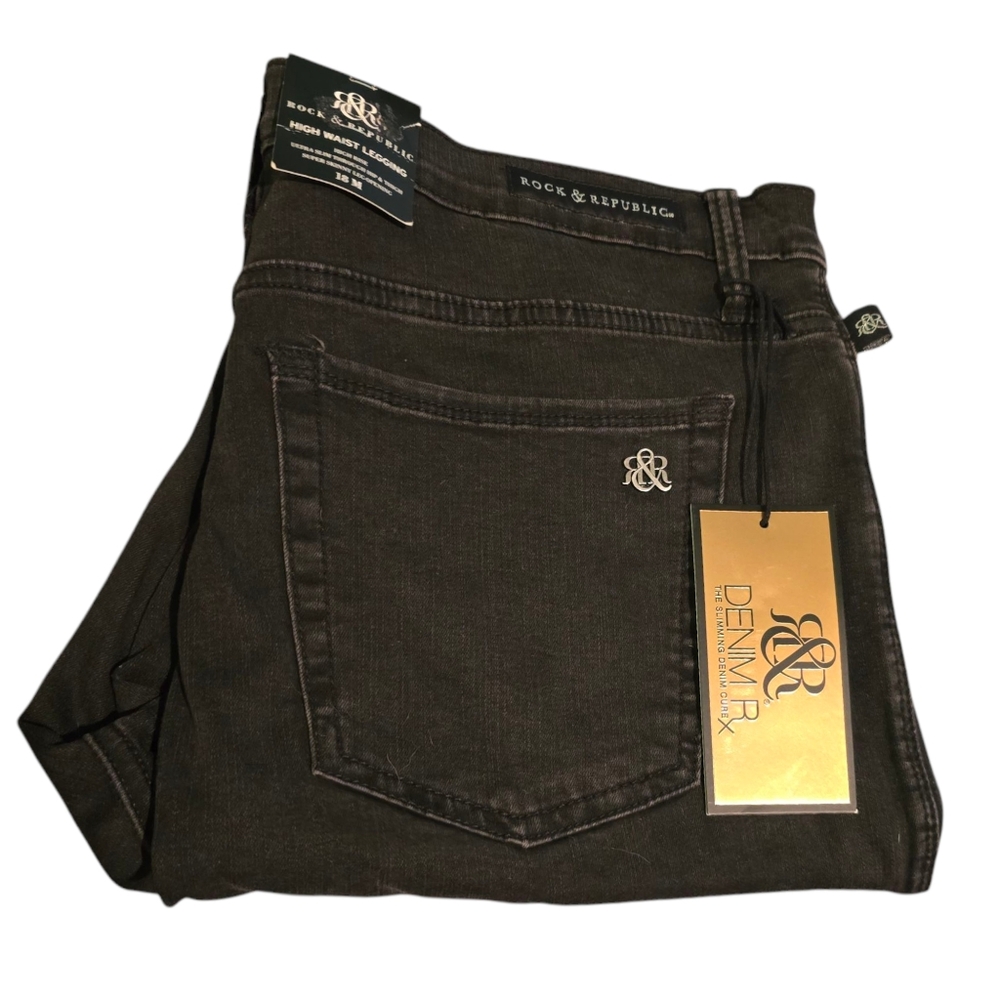 NWT Size 18 Rock & Republic High Roller Black Denim Rx Leggings Corset Tie Ankle